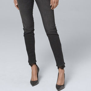 Classic-Rise Lace-Hem Skinny Ankle Jeans